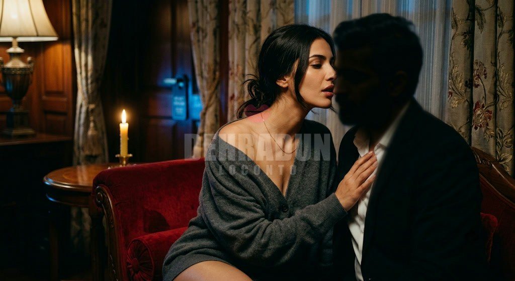 A couple sitting close together on a red velvet sofa by candlelight, her hand on his collar