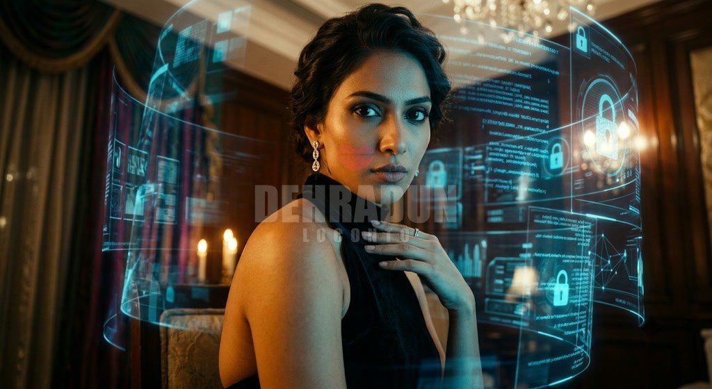 A woman looking over her shoulder beside a glowing screen of padlock icons and account details